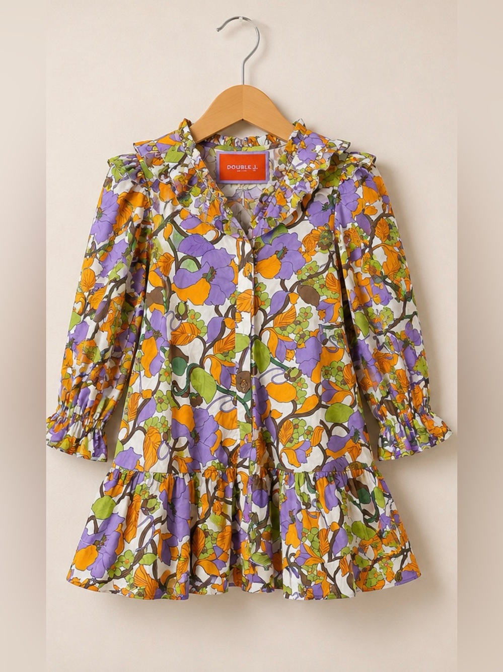 LA DoubleJ Floral Maxi Dress in Purple, Orange, Green on White